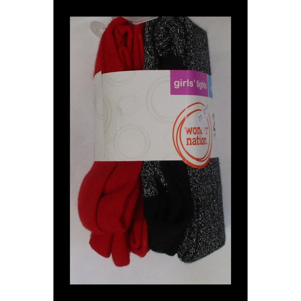 Wonder Nation Girls Footed Tights 2 Pack Size 12-16 Red & Silver Glitter NEW